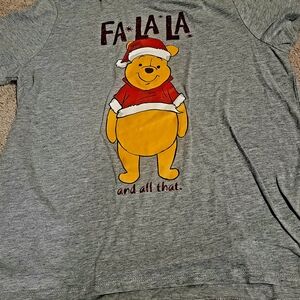 Disney Parks Women LARGE Gray T Shirt Fa La La Christmas Pooh Bear NWOT